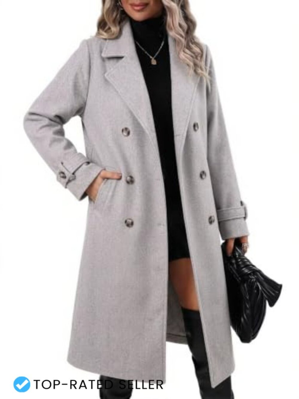 Women's Double-Breasted Belted Polyester Overcoat Warm Knee Length